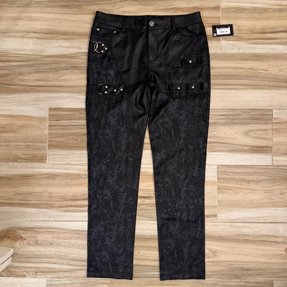 NWT Devil Fashion Goth Cyberpunk Faux Leather Panel Buckle Studded Pants Black